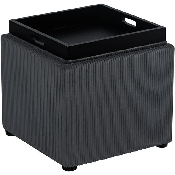 Joveco Storage Square Ottoman with Tray, Small Corduroy Foot Rest Stool Cube, Coffee Table for Dorm Living Room Bedroom, Dark Gray