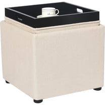 Joveco Storage Square Ottoman with Tray, Small Linen Foot Rest Stool Cube, Coffee Table for Dorm Living Room Bedroom, Beige