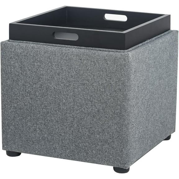 Joveco Storage Square Ottoman with Tray, Small Linen Foot Rest Stool Cube, Coffee Table for Dorm Living Room Bedroom, Gray