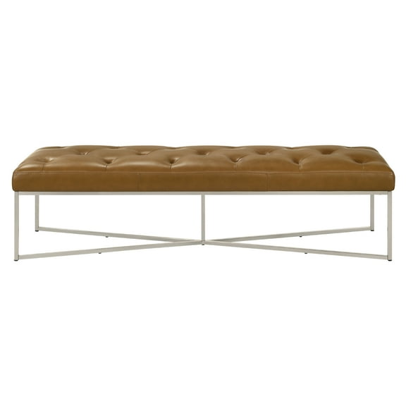 Joven 60" Mid Century Hand Tufted Genuine Leather Metal Frame Bench in Tan