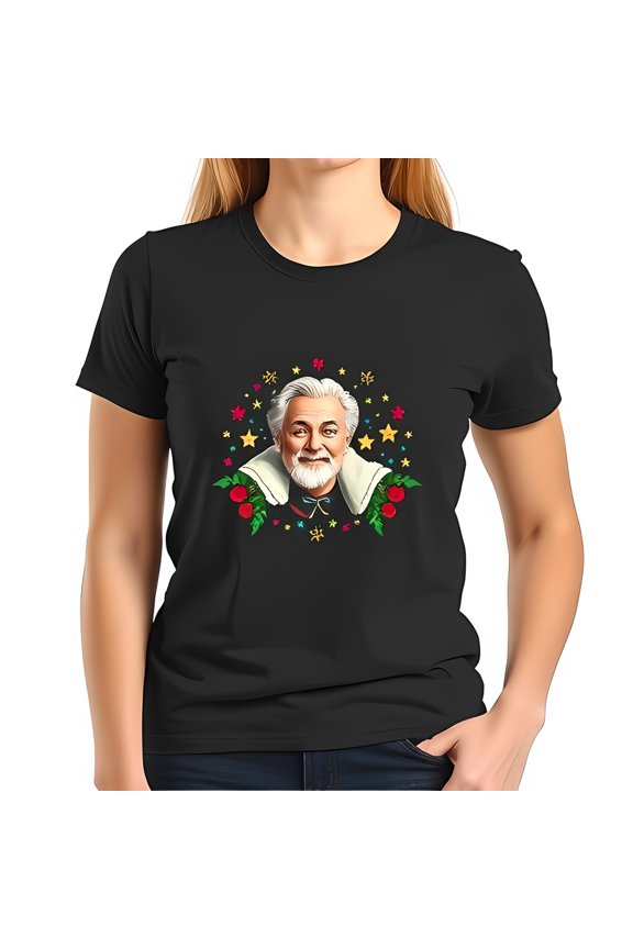 Jovial Bearded Man T-Shirt - Short Sleeve Black Tee with Colorful Festive Design & Roses