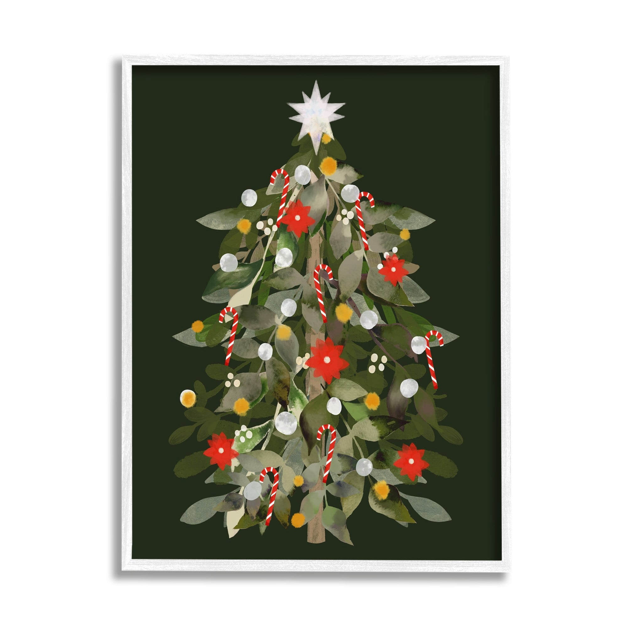 Jovial Christmas Tree Decorated Ornaments Poinsettia Flowers Botanical & Floral Painting Framed Art Print Wall Art