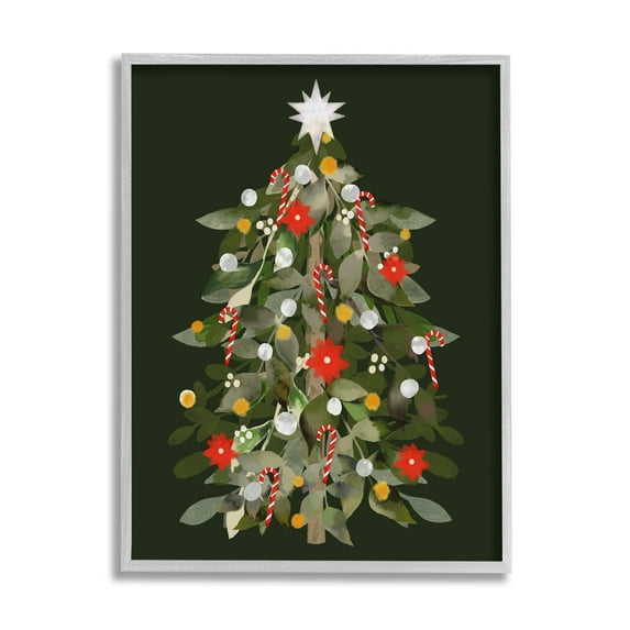 Jovial Christmas Tree Decorated Ornaments Poinsettia Flowers Botanical & Floral Painting Framed Art Print Wall Art