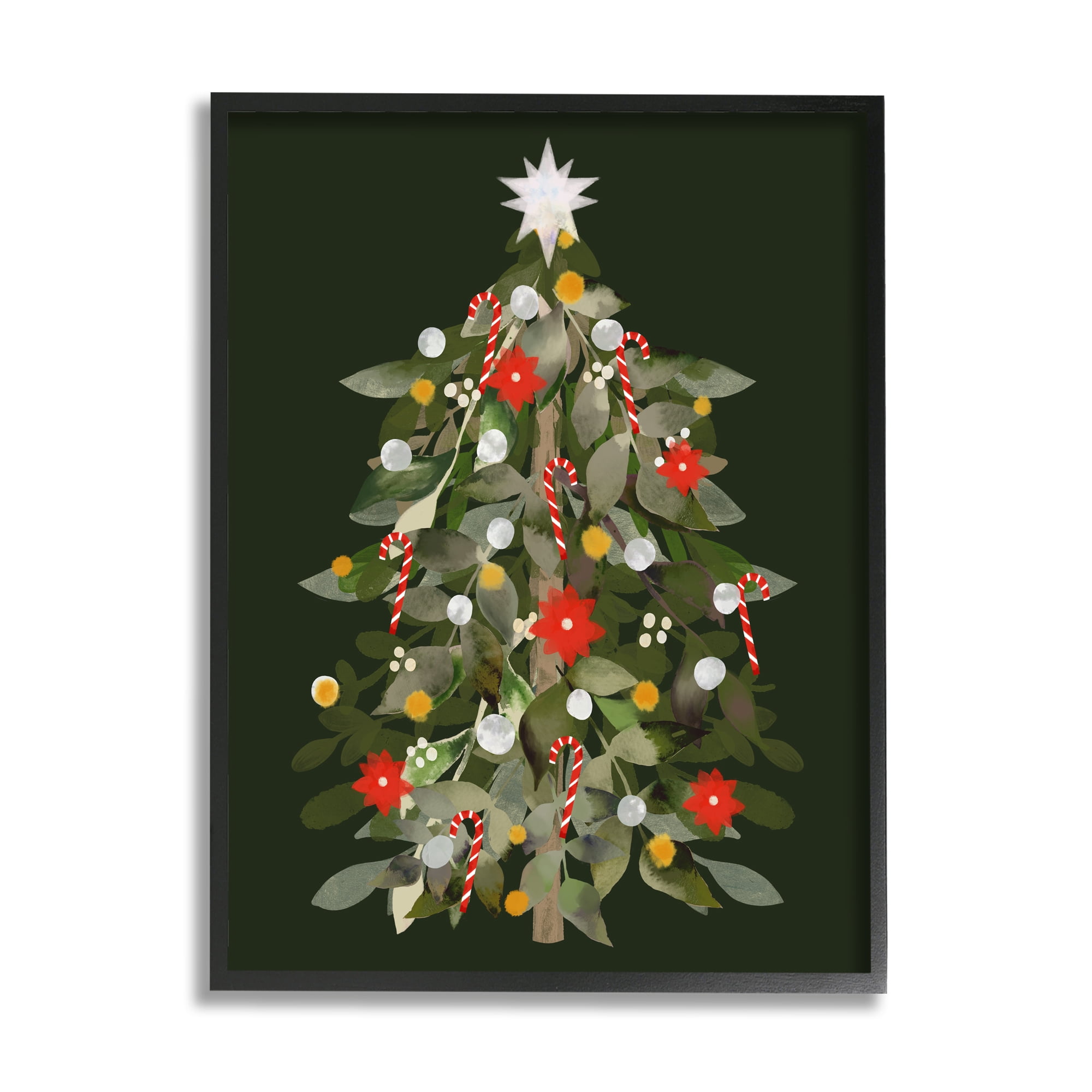 Jovial Christmas Tree Decorated Ornaments Poinsettia Flowers Botanical & Floral Painting Framed Art Print Wall Art