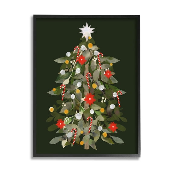 Jovial Christmas Tree Decorated Ornaments Poinsettia Flowers Botanical & Floral Painting Framed Art Print Wall Art