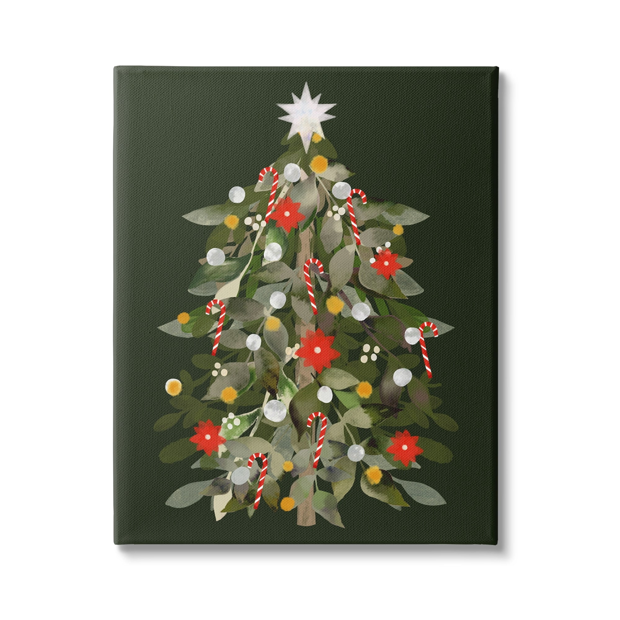 Jovial Christmas Tree Decorated Ornaments Poinsettia Flowers Botanical & Floral Painting Gallery-Wrapped Canvas Print Wall Art