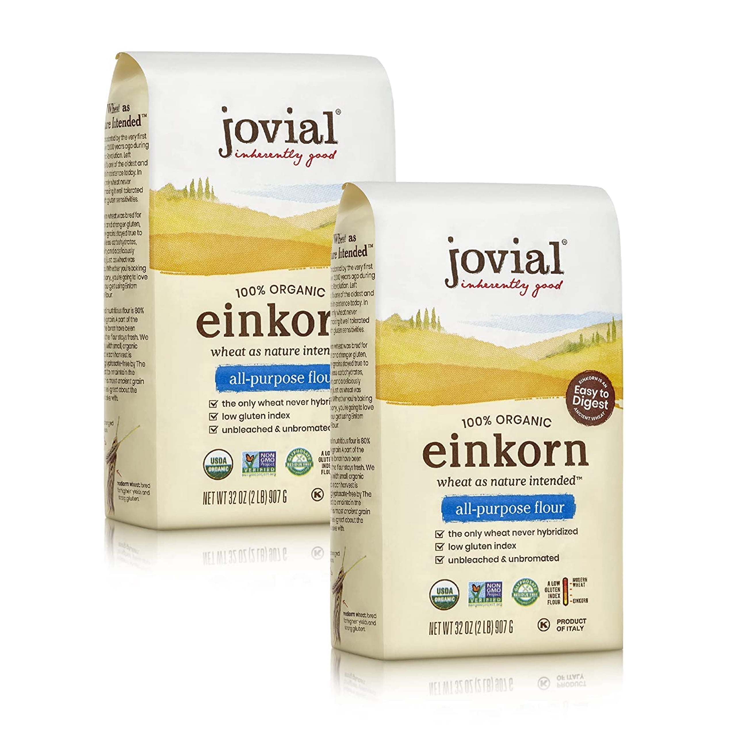 Jovial Einkorn Baking Flour | 100% Organic Einkorn All Purpose Flour | Non-GMO | USDA Certified Organic | Product of Italy | 32 oz (2 Pack)