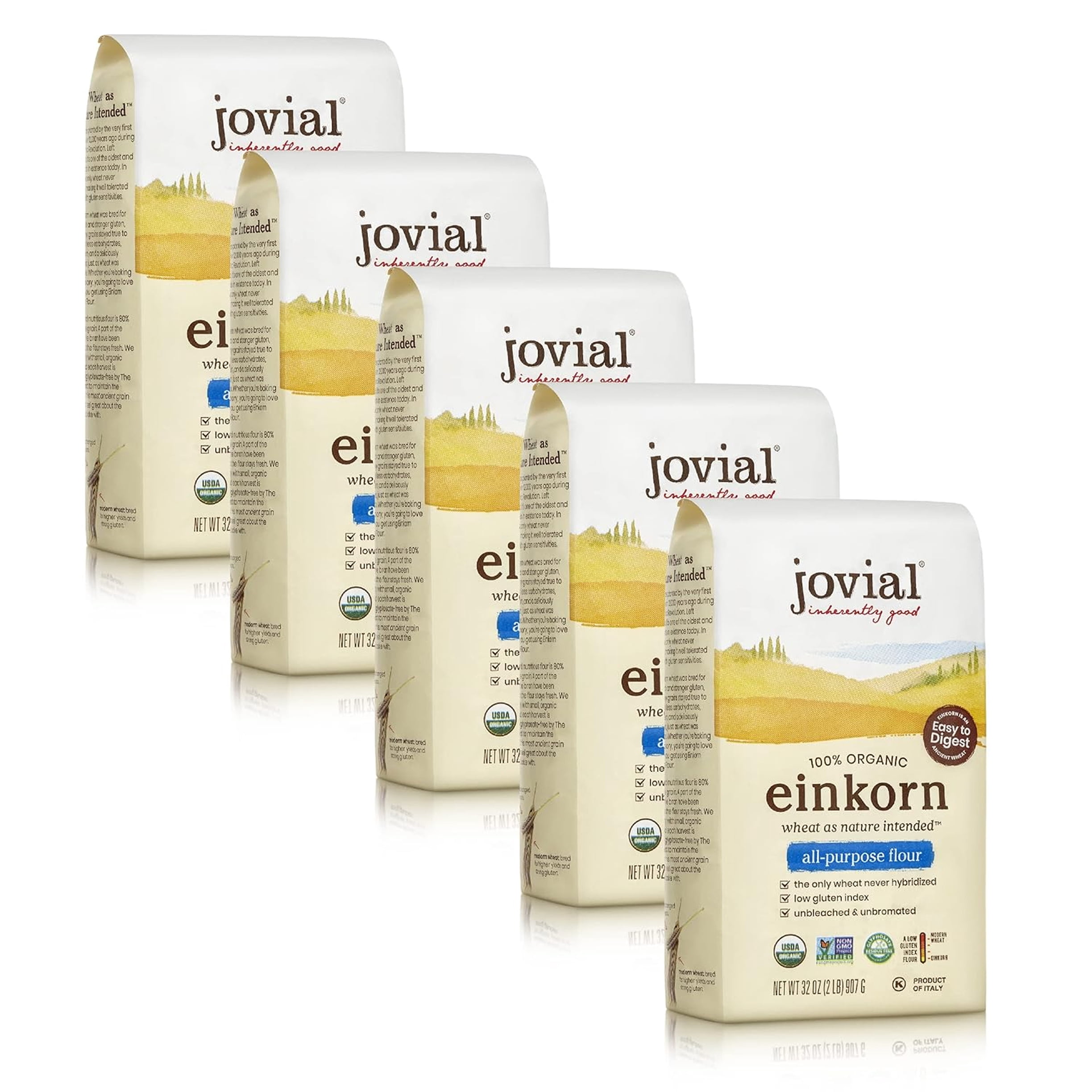 Jovial Einkorn Baking Flour | 100% Organic Einkorn All Purpose Flour | High Protein | Non-GMO | USDA Certified Organic | Delicious Taste | Product of Italy | 32 oz (5 Pack)