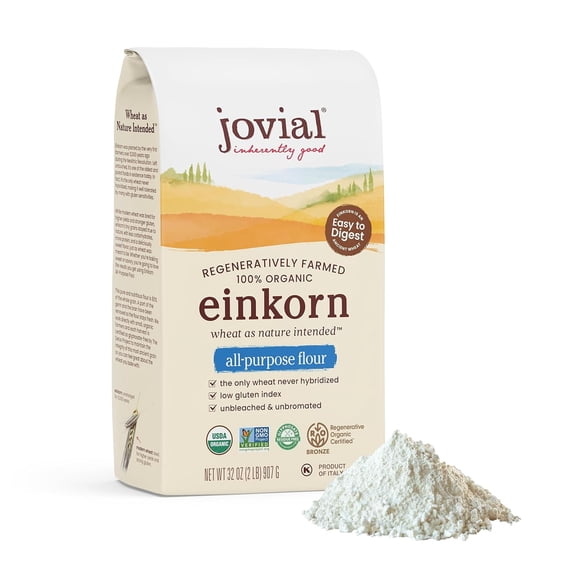 Jovial Organic Einkorn Unbleached GGA1 All Purpose Flour - Bread Baking Flour for Sourdough, High Protein, Non-GMO, For Organic Pizza & Pasta, European Italian Made, Glyphosate Free - 32 Oz