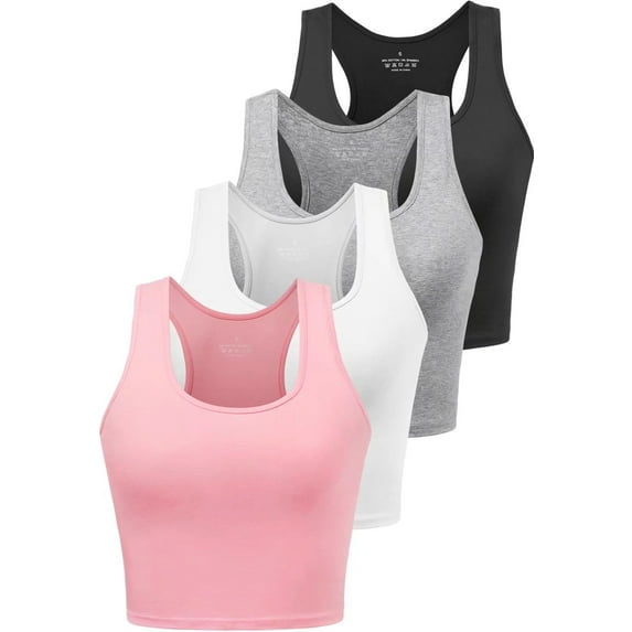 Joviren Cotton Workout Crop Top for Women Racerback Yoga Tank Tops Athletic Sports Shirts Exercise Undershirts 4 Pack Black White Grey Pink L