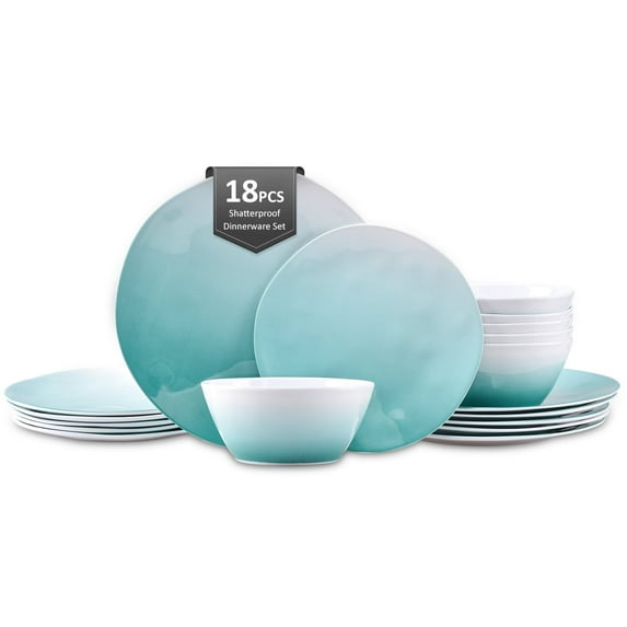 Joviton Home 18-Piece Teal Turquoise Ombre Melamine Dinnerware Sets for 6,Outdoor Plates and Bowls Sets
