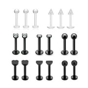 Jovivi 18pcs 16G Stainless Steel Nose Studs Tragus Labret Clear Nose Lips Piercing Assorted Design Black Piercing Jewelry for Women Men