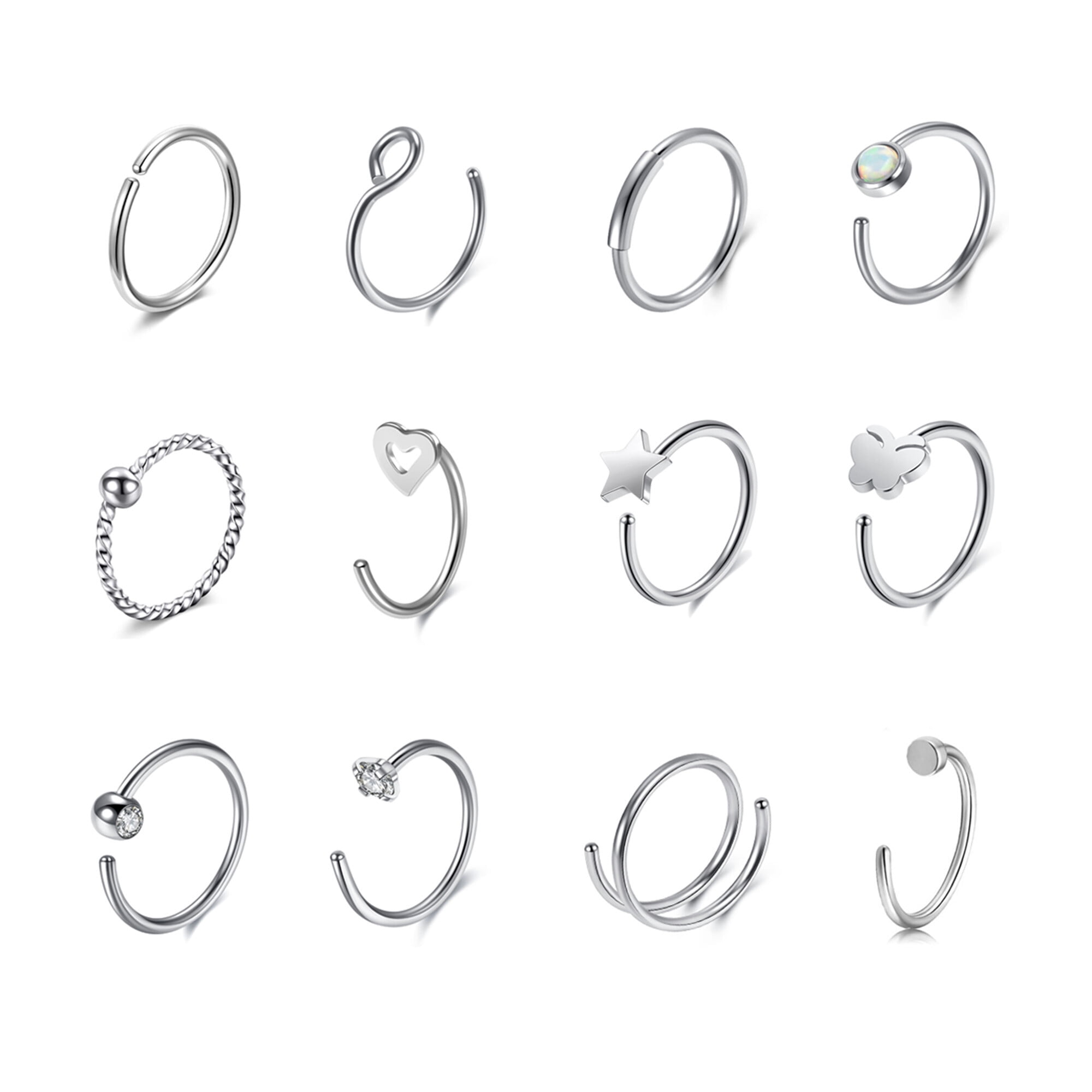 Jovivi Nose Rings 20G Nose Rings Hoops Stainless Steel Nose Piercing Kit CZ Nose Ring for Women Men Star Opal Double Hoop Nose Piercings Silver