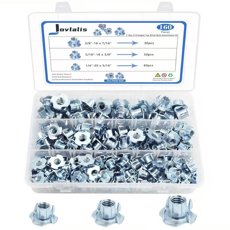 Jovlalis 160 PCS T-Nuts Set - 304 Stainless Steel 4-Prong T-Shaped Blind Nut Thread Inserts for Wood, Climbing Holds, Cabinets, Furniture