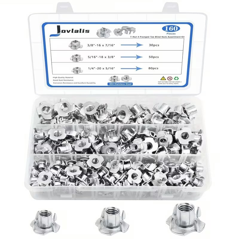Jovlalis 160 PCS T-Nuts Set - 304 Stainless Steel 4-Prong T-Shaped Blind Nut Thread Inserts for Wood, Climbing Holds, Cabinets, Furniture