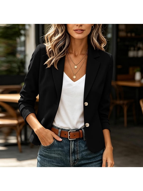 Black Blazer Women Long Sleeve Lapel Collar Button Cropped Suit Jacket for Work Office S