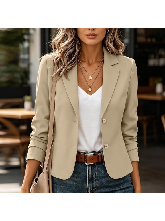 Blazers for Women 2026 Long Sleeve Lapel Collar Button Cropped Suit Jacket for Work Office, S-2XL