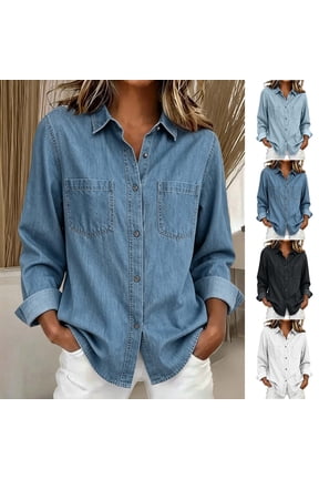 Button Down Denim Shirts for Women V Neck Long Sleeve Pockets Fall Casual Jean Shirts Collared Button Up Chambray Shacket
