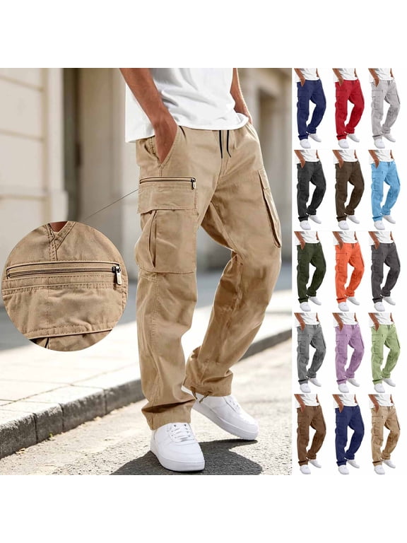 Cargo Pants Men Drawstring Stretch Loose Fit Elastic Waist Outdoor Hiking Pants Fashion Cotton Work Pants Khaki L