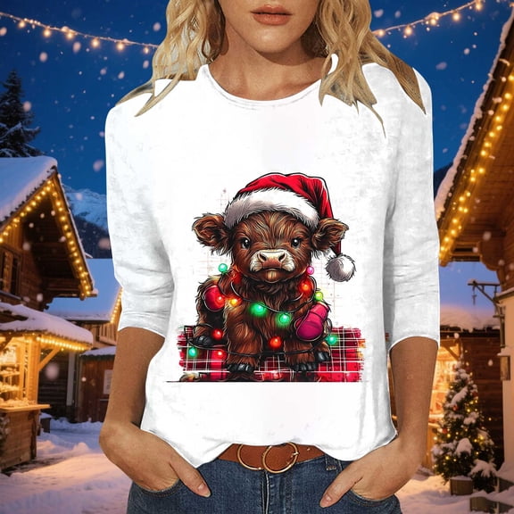 Jovrlynd Christmas Shirts Women Ugly Funny Cute Crewneck 3/4 Sleeve Tops Loose Holiday Graphic Tee, S-5XL