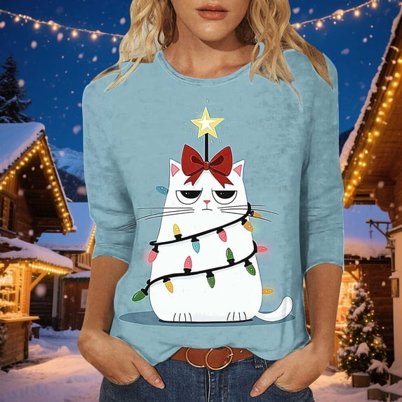 Jovrlynd Christmas Shirts Women Ugly Funny Cute Crewneck 3/4 Sleeve Tops Loose Holiday Graphic Tee, S-5XL