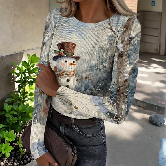 Jovrlynd Christmas Shirts for Women Long Sleeve Stretchy Fitted Cute Funny Lightweight T Shirt for Holiday Party