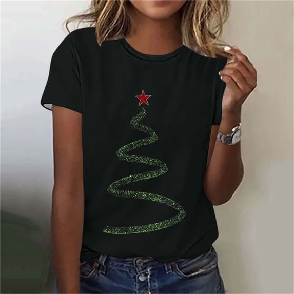 Jovrlynd Christmas T Shirts for Women Short Sleeve Crewneck Loose Fit Holiday Printed Basic Tops for Party, S-5XL