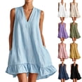 thumbnail image 1 of Jovrlynd Cotton Linen Dresses for Women 2026 Summer Boho Pockets Sleeveless V Neck Flowy Ruffle Mini Beach Sundress, S-2XL, 1 of 7