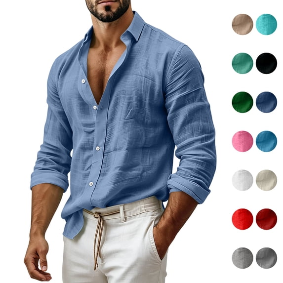 Jovrlynd Cotton Linen Shirts for Men Long Sleeve Button Down Collared Casual Shirts Lightweight Beach Shirt, S-2XL