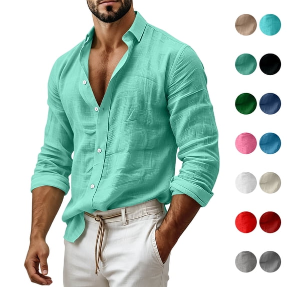 Jovrlynd Cotton Linen Shirts for Men Long Sleeve Button Down Collared Casual Shirts Lightweight Beach Shirt, S-2XL