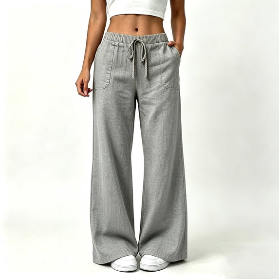 Jovrlynd Cotton Linen Wide Leg Pants Drawstring Elastic Waist Loose Boho Pants with Pockets Fashion Vacation Travel Pants, S-2XL