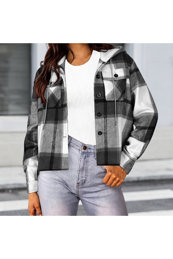 Cropped Plaid Flannel Shirts Women Drawstring Button Down Long Sleeve Hoodies with Pockets Trendy Hooded Shirt Shackets