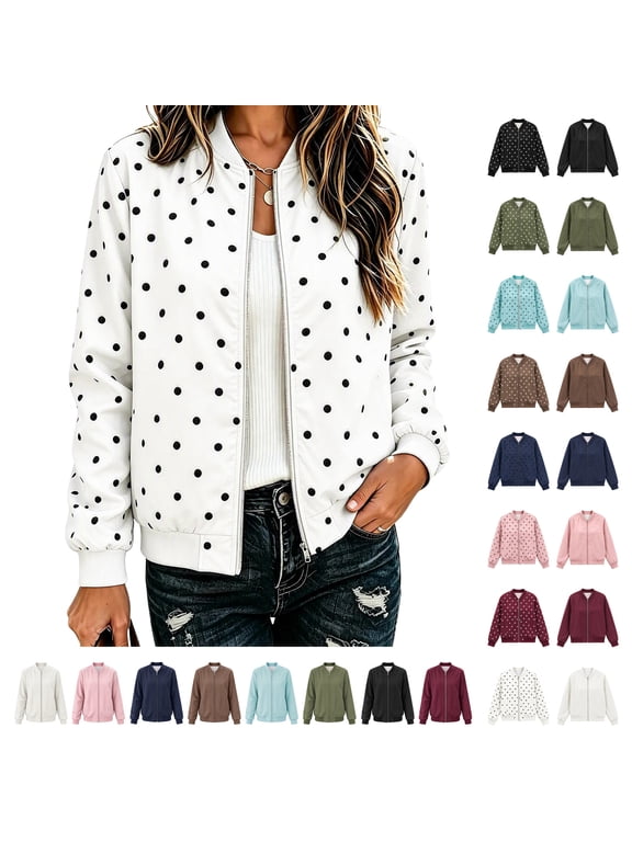 Fall Jackets for Women Lightweight Polka Dot Boho Trendy Bomber Jacket White S