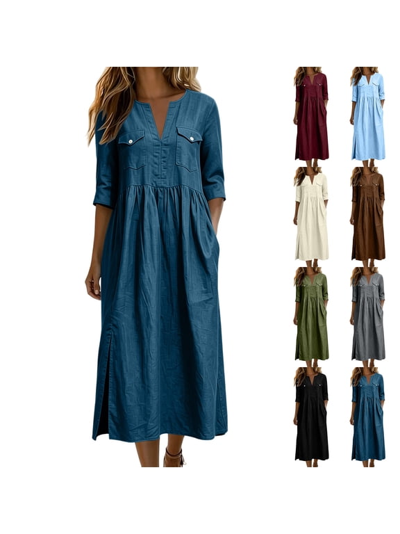 Fall Midi Dresses for Women V Neck 3/4 Sleeve Cotton Linen Casual Boho Dress with Pockets 2026, S-2XL