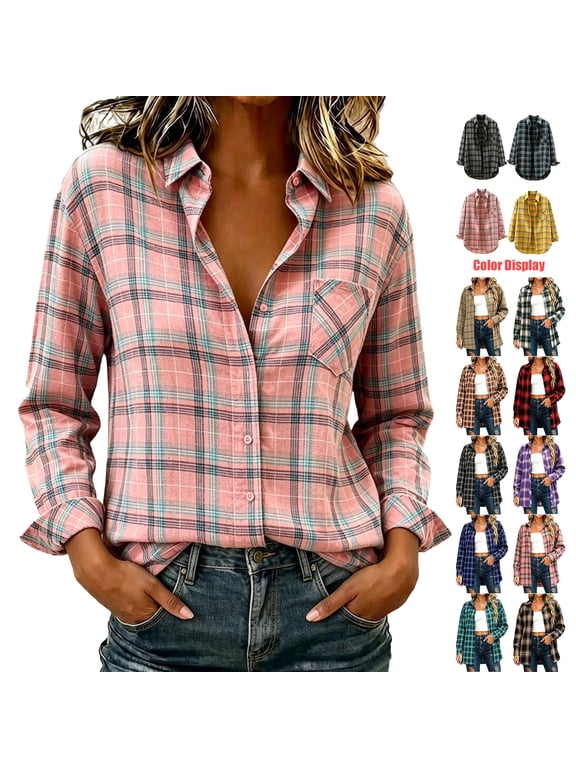 Flannel Plaid Shirts for Women Button Down Collared Long Sleeve Loose Fall Casual Office Shirt Shacket with Pocket, S-2XL