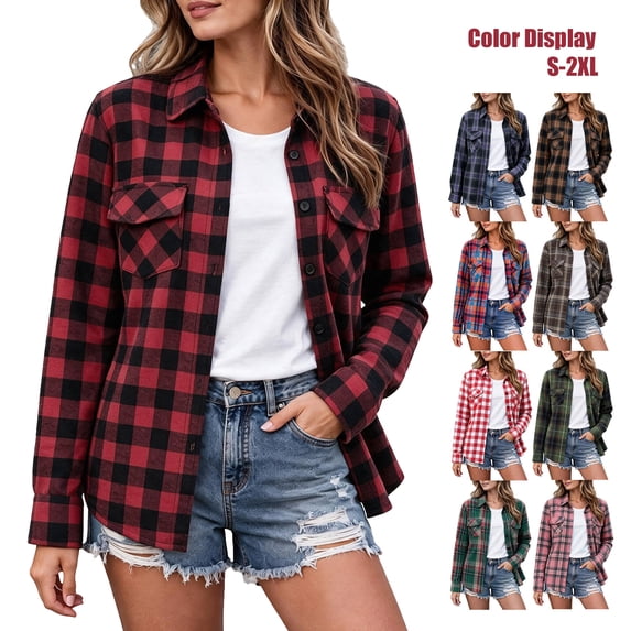 Jovrlynd Flannel Shirt Women Plaid Lapel Button Down Long Sleeve Shirts ...