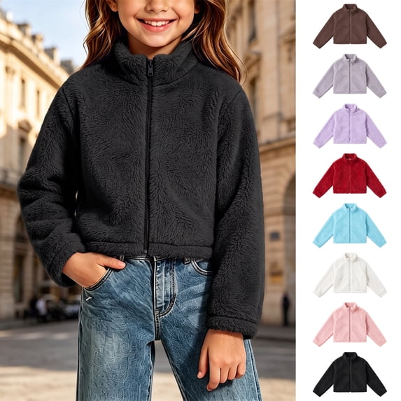 Jovrlynd Girls Cropped Jacket Sherpa Fleece Stand Collar Fuzzy Warm Winter Coats Soft Comfy Kids Outerwear