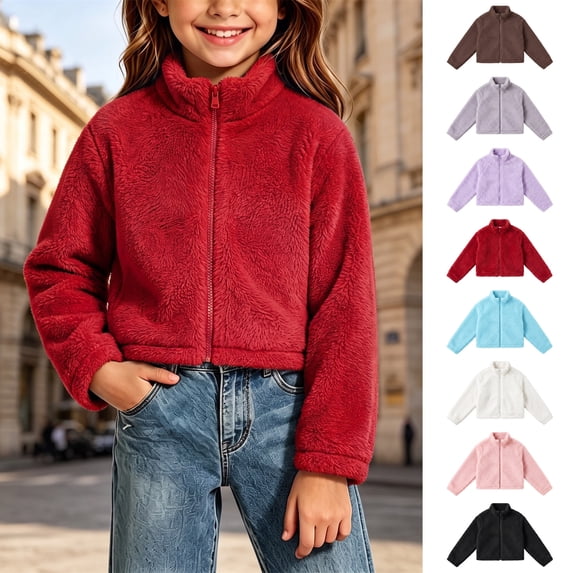 Jovrlynd Girls Cropped Jacket Sherpa Fleece Stand Collar Fuzzy Warm Winter Coats Soft Comfy Kids Outerwear