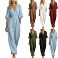 thumbnail image 1 of Jovrlynd Jumpsuits for Women Cotton Linen Half Sleeve V Neck Wrap Wide Leg Rompers with Pockets Dressy Summer Outfits, 1 of 7