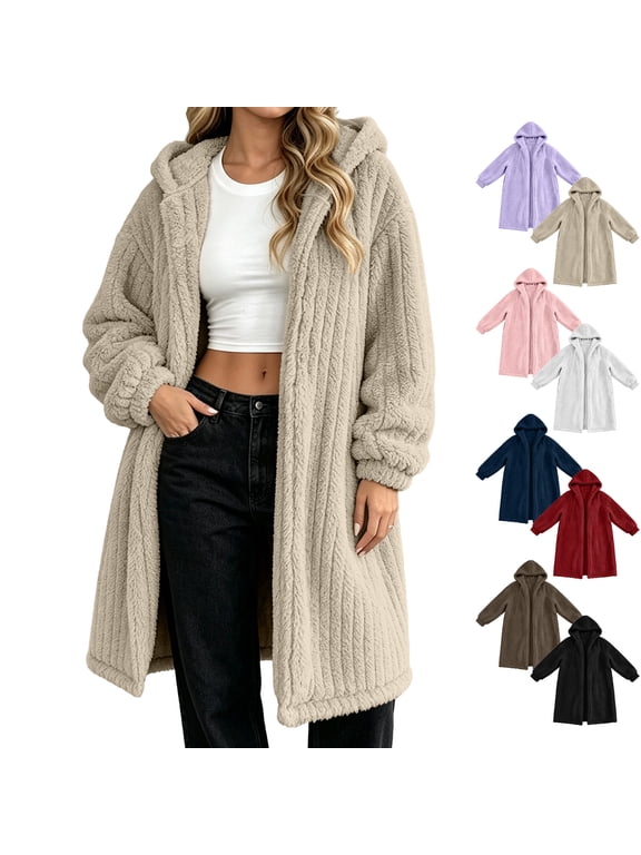 Long Cardigans for Women Winter Fleece Open Front Warm Hooded Coats with Pockets Fashion Sherpa Fleece Jackets, S-2XL