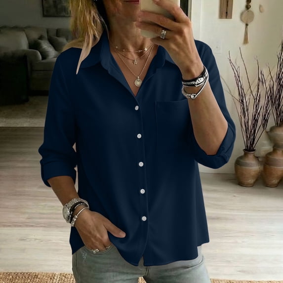 Jovrlynd Long Sleeve Button Down Shirts for Women Lapel Neck Relaxed Fitted Casual Office Dress Shirts Soft Work Blouses, S-2XL