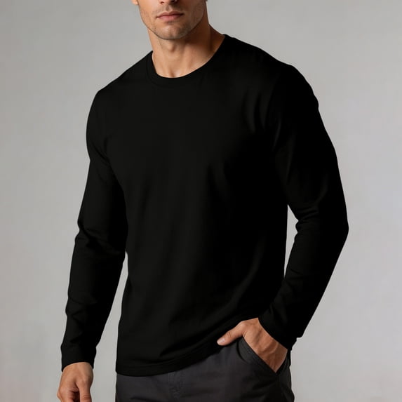 Jovrlynd Long Sleeve Shirts for Men Crewneck Solid Color Lightweight Sweatshirt Plus Size Soft Comfy Fall T Shirts Black M