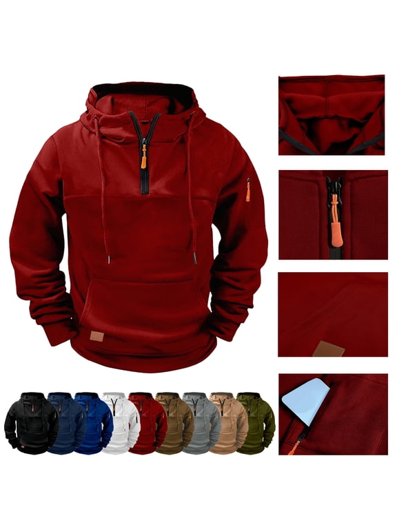 Men's Hoodies Fleece Lined Quarter Zip Long Sleeve Plus Size Cargo Hooded Pullover, S-3XL