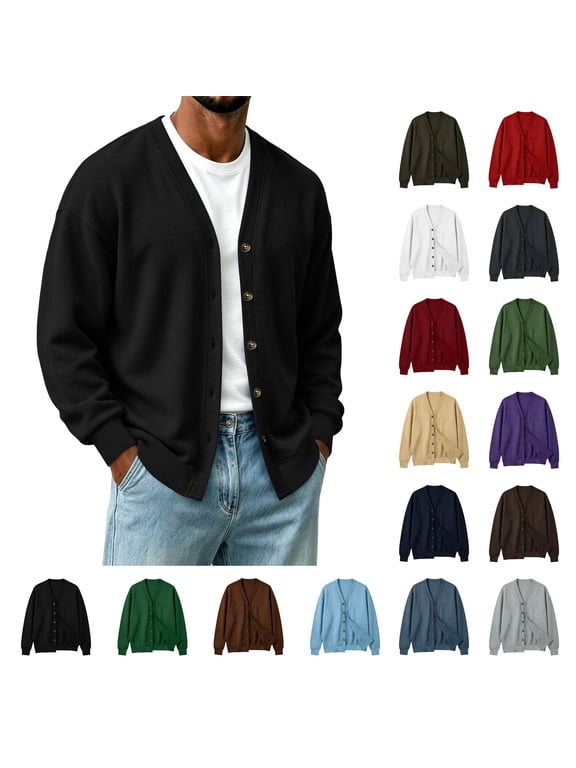 Mens Black Cardigan V Neck Long Sleeve Button Down Winter Warm Open Front Loose Casual Sweater Jacket 3XL