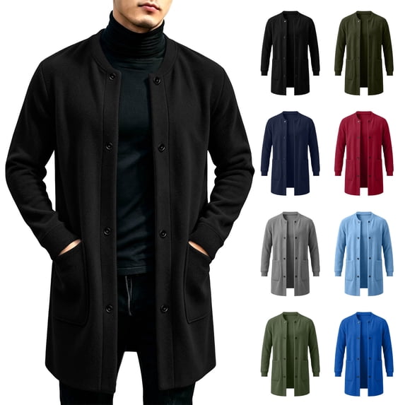 Jovrlynd Mens Black Pea Coat Long Sleeve Button Pockets Winter Fashion Warm Long Jackets XL