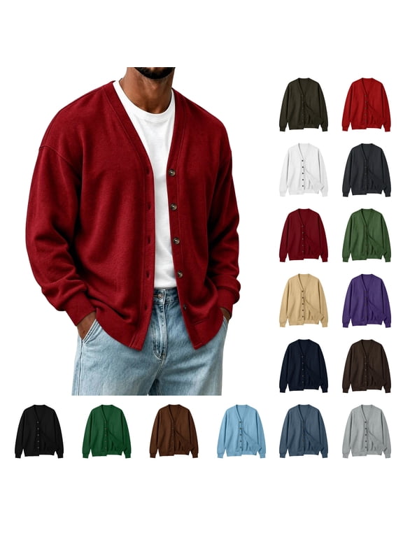 Mens Cardigan Sweater V Neck Long Sleeve Button Down Relaxed Fit Lightweight Fall Sweatshirt Jackets, S-3XL