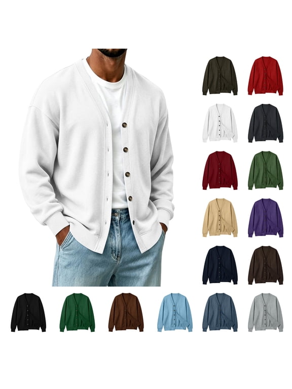 Mens Cardigan V Neck Long Sleeve Button Down Winter Warm Open Front Loose Casual Sweater Jacket White 3XL