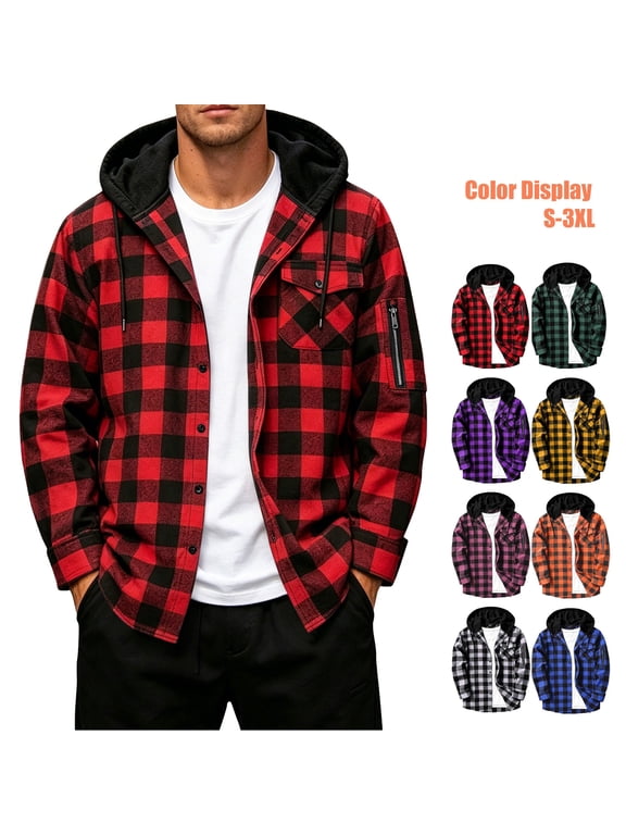 Mens Hoodie Flannel Shirts Plaid Button Down Long Sleeve Hoodie Shacket with Pocket Fashion Casual Hooded Shirt, S-3XL