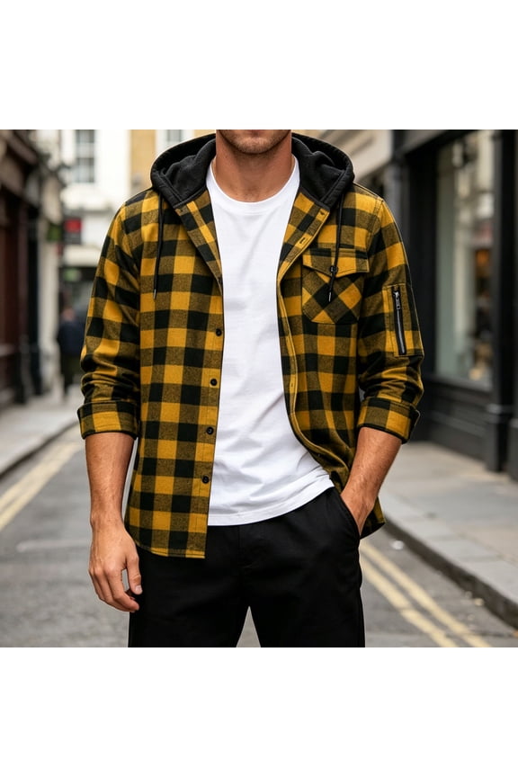 Mens Hoodie Flannel Shirts Plaid Button Down Long Sleeve Hoodie Shacket with Pocket Fashion Casual Hooded Shirt, S-3XL