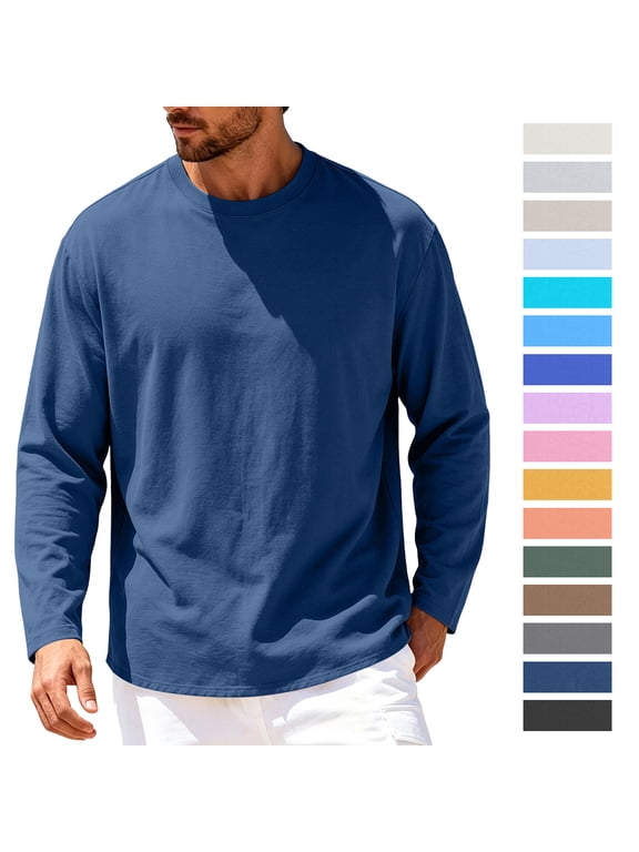 Mens Long Sleeve Shirts Cotton Crewneck Relaxed Fit Fall Basic Tops Soft and Comfy, S-3XL